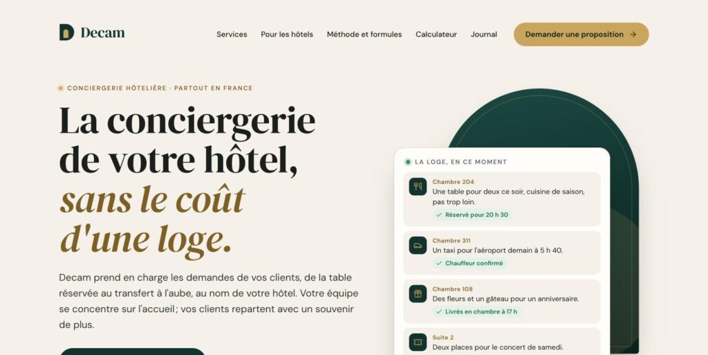 Capture d’écran du site de Decam, conciergerie hôtelière